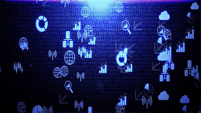 Big Data Objects Icon Hovering on The Radom Numbers Background with Blue Lighting