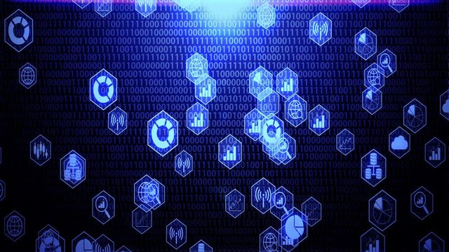 Big Data Objects Icon in Hexagon Shapes Hovering on The Radom Numbers Background with Blue Lighting