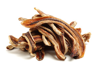 Dried bananas on white background