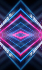 Dark neon background with lines and rays. Blue and pink neon. Abstract futuristic background. Night scene with neon, light reflection. Neon lines, shapes. Multi-colored glow, blurry lights.