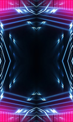 Dark neon background with lines and rays. Blue and pink neon. Abstract futuristic background. Night scene with neon, light reflection. Neon lines, shapes. Multi-colored glow, blurry lights.