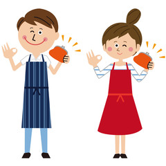 ポップなエプロンを着た男女が財布を持つ