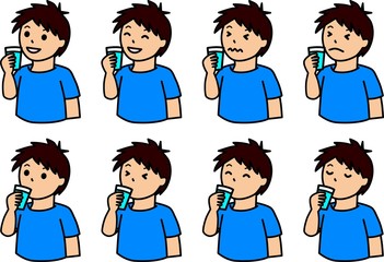 コップに入れた水を飲んでいる男性のさまざまな表情