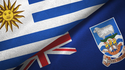 Uruguay and Falkland Islands two flags textile cloth, fabric texture