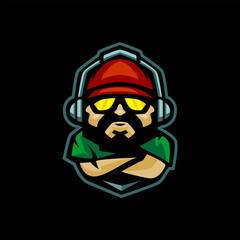 gamer with headphone and snap back mascot logo © depadepi