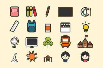 The icons for school content, cute and colorful