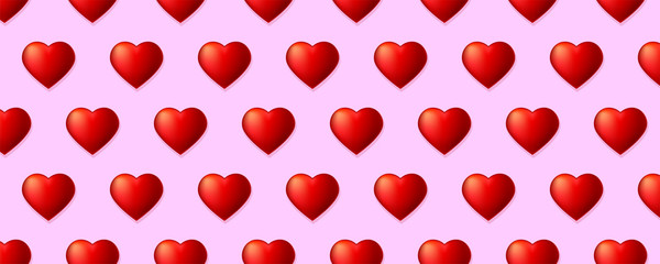 Obraz na płótnie Canvas Seamless pattern with volume red hearts isolated on pink long background. Shapes of hearts in chequerwise for Valentine s day, template for fabric, wrapper, banners. Vector 3d illustration