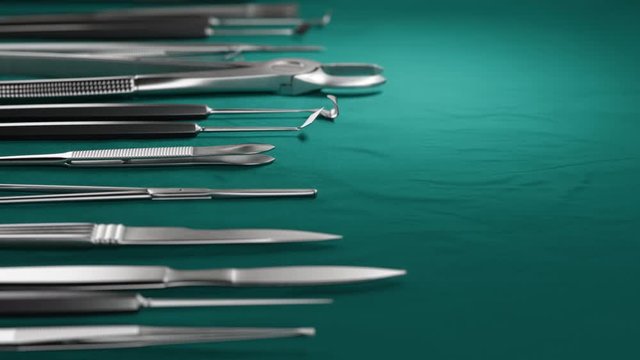 Close up Set of dentist tools surgery on green background. Dental Hygiene and Health conceptual image. 3D animation selective focus.