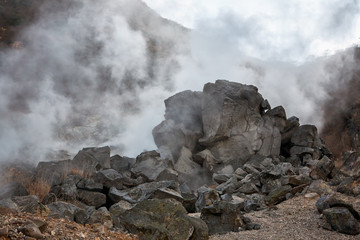 The sulfurous fumes of Owakudani  Valley.  Hakone area. Honshu. Japan