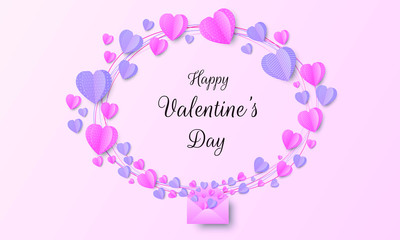 Paper elements in shape of heart flying on background. Valentine's Day, greeting card design. Vector illustration