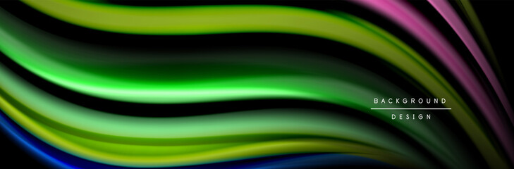 Silk and smooth flow wave poster design. Color waves, liquid style lines and shapes in black color background