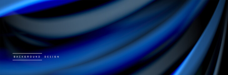 Silk and smooth flow wave poster design. Color waves, liquid style lines and shapes in black color background