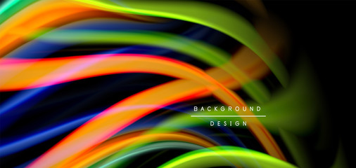 Abstract silk smooth lines on black, multicolored liquid fluid rainbow style waves on black