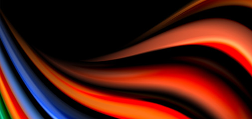 Abstract silk smooth lines on black, multicolored liquid fluid rainbow style waves on black