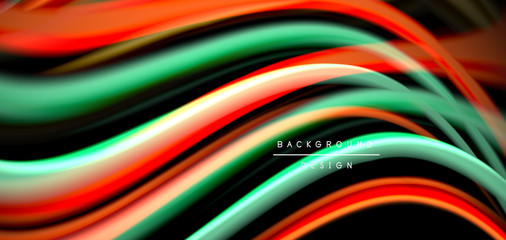 Abstract silk smooth lines on black, multicolored liquid fluid rainbow style waves on black