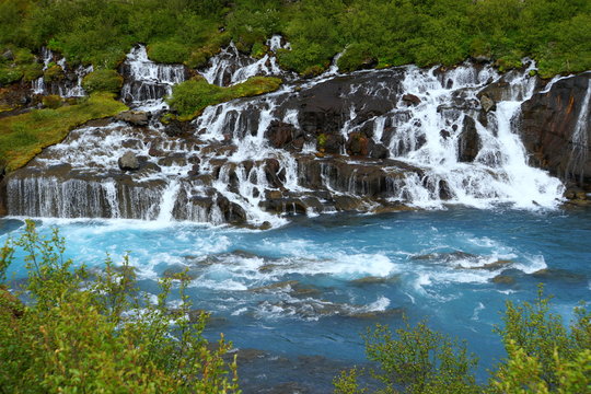 Beautiful blue waterfalls of Barnafoss in Western Iceland