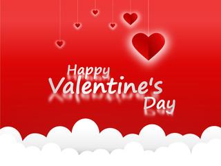 Paper art concept contains many shape of paper cutting elements such as Valentine's Day text Red lettering and clouds on pink background. Symbol of love for Happy Women's, Mother's, birthday