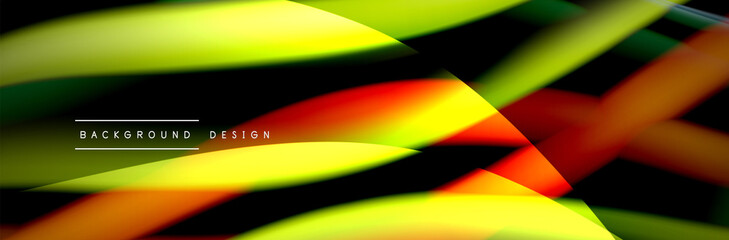 Сolorful flow poster. Wave liquid lines and shapes in black color background. Vector Illustration