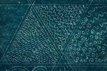 Green background with patterns and scuffs, grunge doodle waves and dots