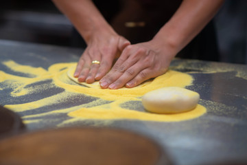 Worker making pizza in the restuarant