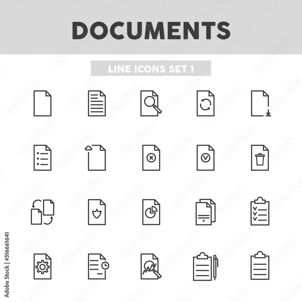 Poster documents simple set line icons. files, papers, contracts and etc. vector illustration symbol elemen
