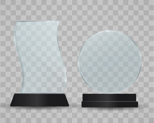 Set of transparent glass awards, trophy glass table display. plastic clear stand reflection shiny plates vector isolated template