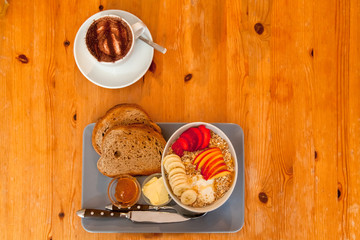Nutritious breakfast spread on a wooden table