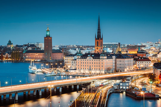 Stockholm skyline panorama at twilight, Sweden, Scandinavia