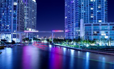 river, night, miami, florida, cityscape, long exposure, urban, downtown, illuminated, reflection,...
