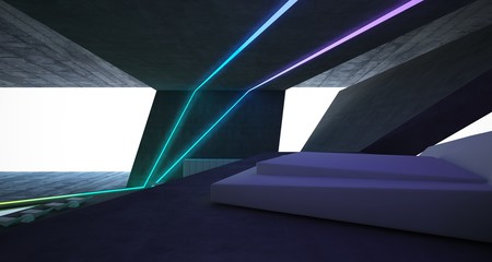 Abstract architectural concrete interior of a minimalist house with colored neon lighting. 3D illustration and rendering.