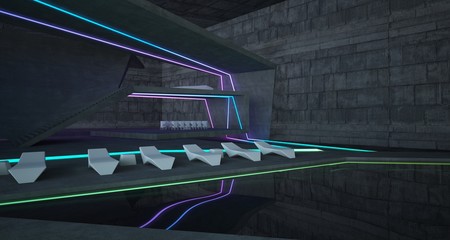 Abstract architectural concrete interior of a minimalist house with colored neon lighting. 3D illustration and rendering.