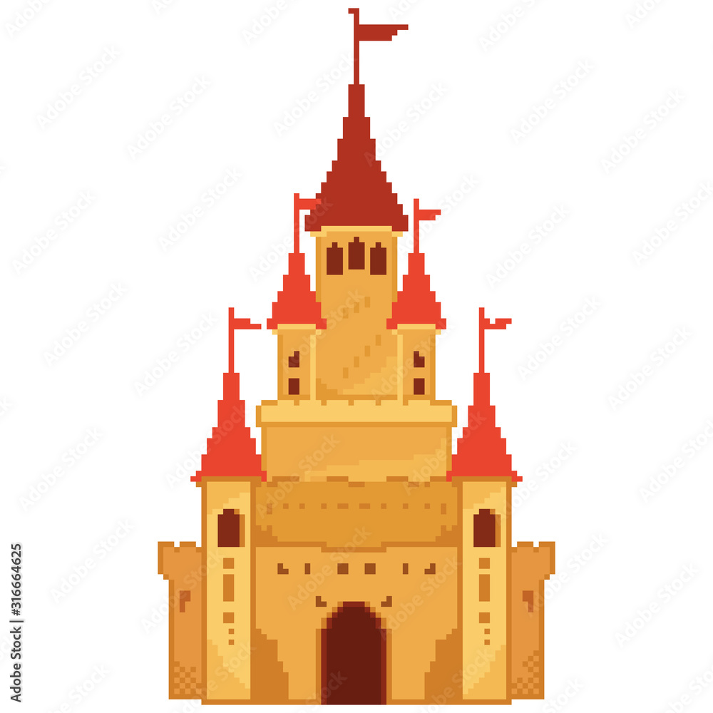 Poster pixel castle for games and web sites. castles and fortresses vector icons. pixel art. old school com