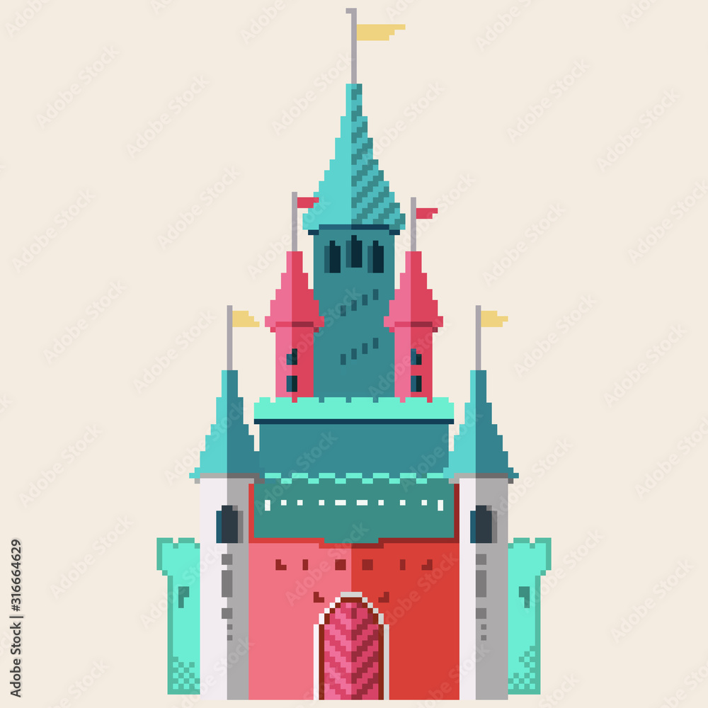 Poster pixel castle for games and web sites. castles and fortresses vector icons. pixel art. old school com