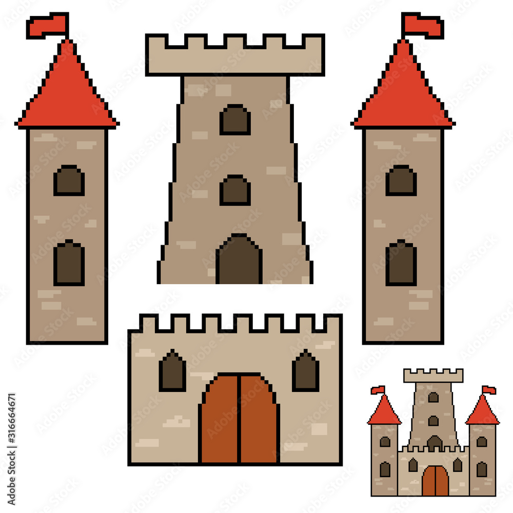Aufkleber pixel castle for games and web sites. castles and fortresses vector icons. pixel art. old school com