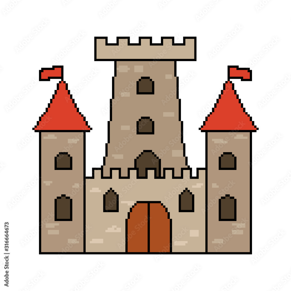 Poster pixel castle for games and web sites. castles and fortresses vector icons. pixel art. old school com