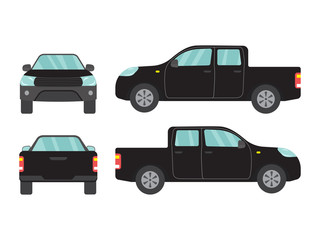 Set of black pickup truck car view on white background,illustration vector,Side, front, back