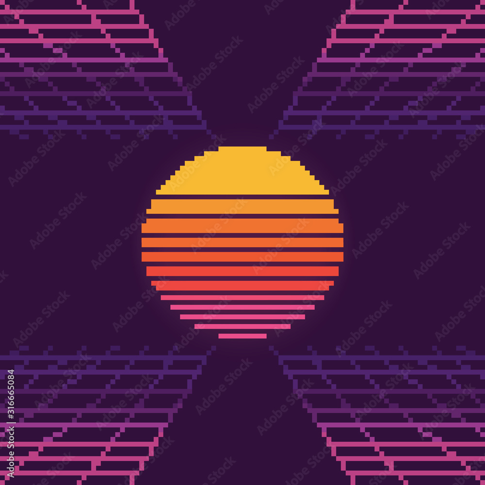Leinwandbilder vector pixel art of 80s retro sci-fi background. pixel art background. 8bit. planet in space. retro 