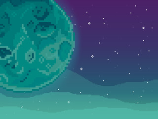 Vector retro futuristic background. Abstract digital landscape with particles dots and stars on horizon. Pixel art background. 8 bit. Planet in space. Retro game design interface. 