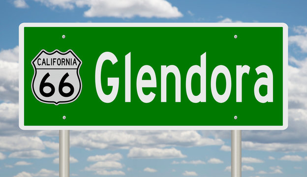 Rendering of a green 3d highway sign for Glendora California on Route 66