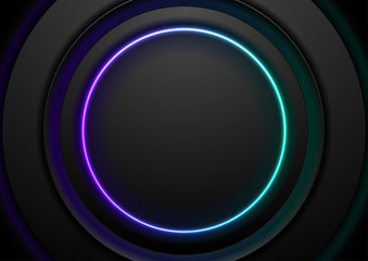 Technology abstract background with black circles and blue violet neon shiny ring. Vector geometrical design