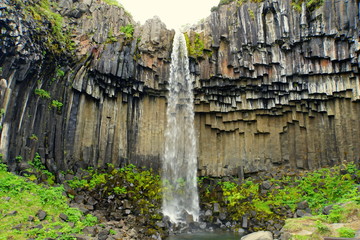 Beautiful view of Svartifoss waterfalls and its amazing rock formations near Skaftafell in South Iceland in the summer