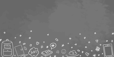 Back to school. Abstract blackboard. Background with school supplies. Elements are drawn in a linear style