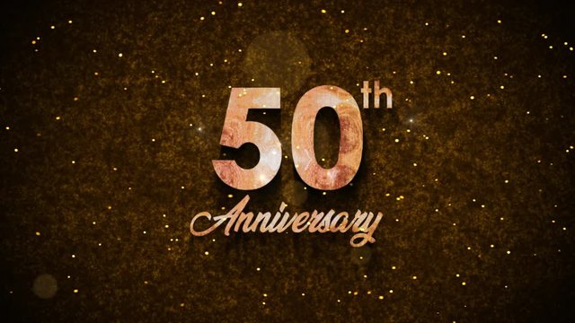 Brown Gold Wooden Texture 50th Anniversary Text Reveal With Growing Golden Vine Flourish Decorative Frame And Glitter Dust Fly In The Wind On Glittery Sand Animation, Last 10 Seconds Seamless Loop