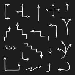 Infographic elements isolated on black. Hand drawn arrow. Set of different abstract arrows. Black and white illustration