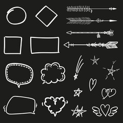Hand drawn elements on isolated background. Abstract geometric shapes. Hearts and stars. Black and white illustration. Simple elements for your design