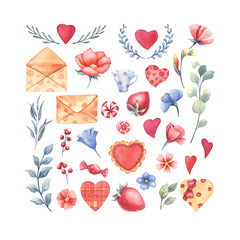 Set of watercolor elements for Valentine's Day. Isolated on white background
