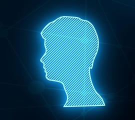 Face profile view. Elegant silhouette of male head. Beautiful man portrait. Thin line style. 3D rendering. Neon shine