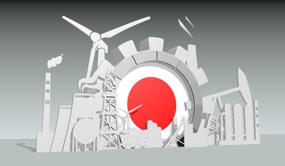 Energy and power industrial concept. Gear with flag of the Japan. Energy generation and heavy industry. 3D rendering.