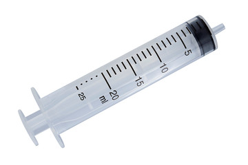 plastic hypodermic syringe 25 ml on white background