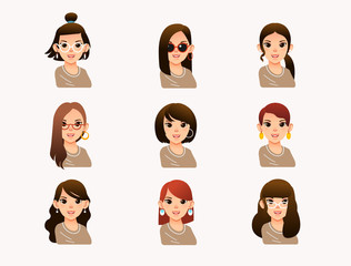 collection of young woman with different modern hair style, long hair, short hair, curly, salon hairstyle and haircut vector illustration
